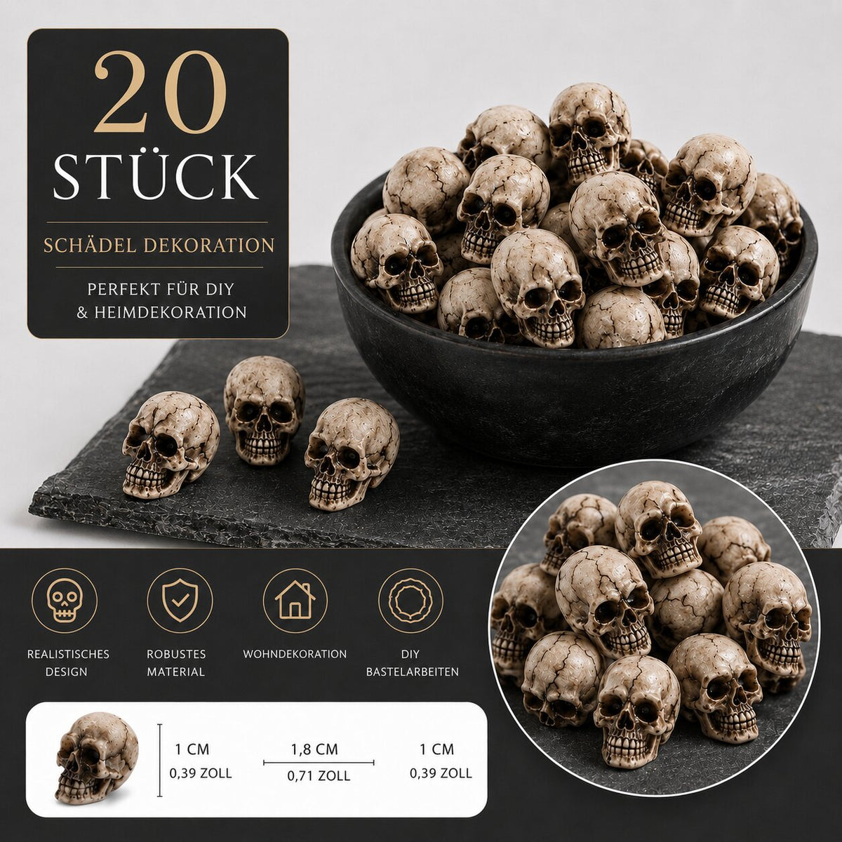 20er Set Mini Totenköpfe für Halloween Deko