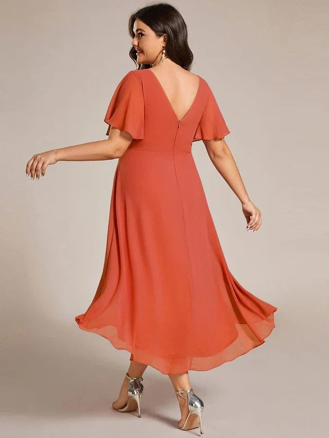 Plus Size Double V-Neck Chiffon Midi Wedding Guest Dress