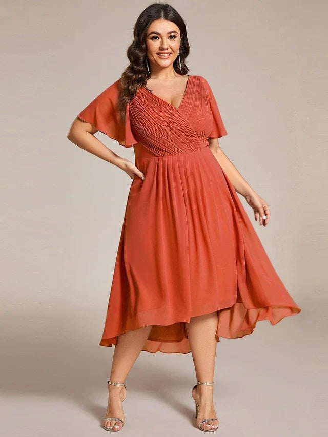 Plus Size Double V-Neck Chiffon Midi Wedding Guest Dress