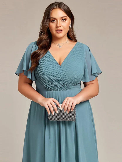 Plus Size Double V-Neck Chiffon Midi Wedding Guest Dress