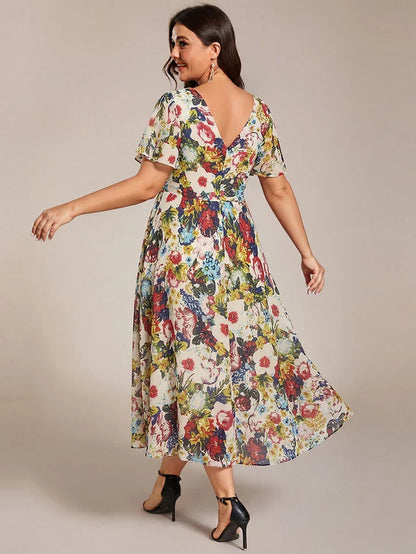 Plus Size Double V-Neck Chiffon Midi Wedding Guest Dress