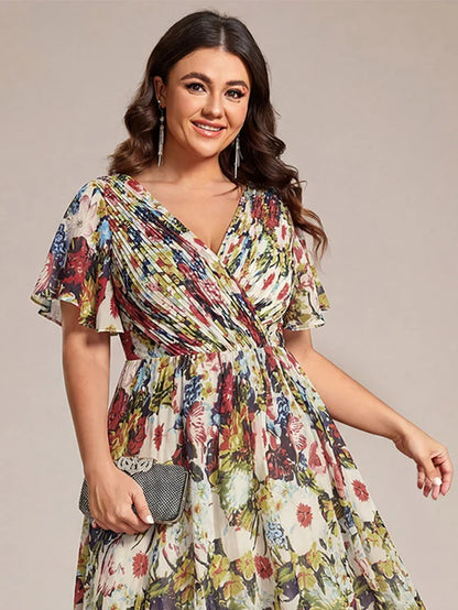 Plus Size Double V-Neck Chiffon Midi Wedding Guest Dress