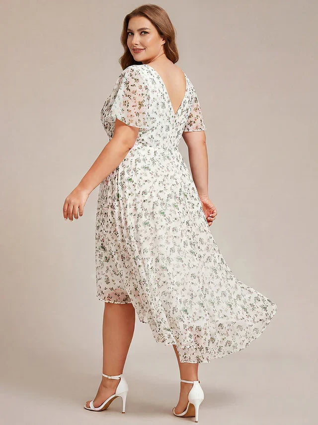 Plus Size Double V-Neck Chiffon Midi Wedding Guest Dress