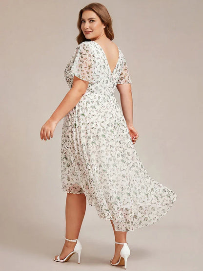 Plus Size Double V-Neck Chiffon Midi Wedding Guest Dress