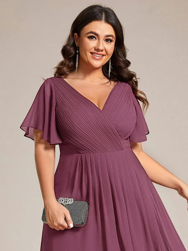 Plus Size Double V-Neck Chiffon Midi Wedding Guest Dress