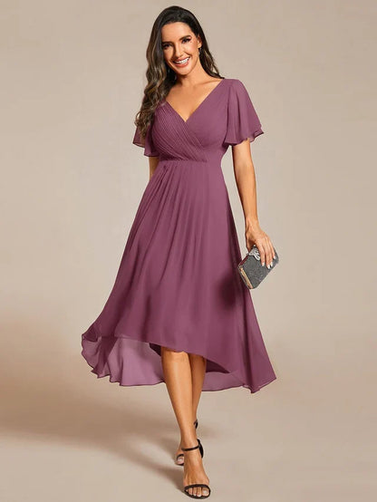 Plus Size Double V-Neck Chiffon Midi Wedding Guest Dress