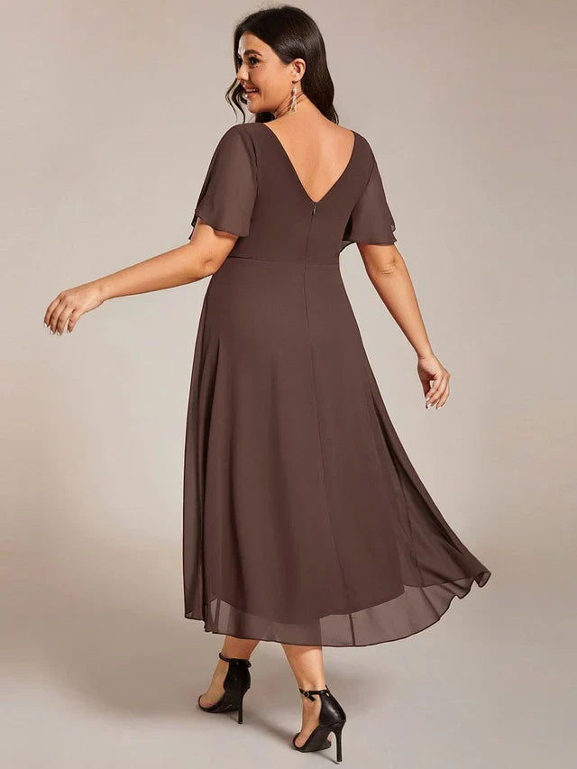 Plus Size Double V-Neck Chiffon Midi Wedding Guest Dress