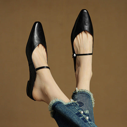 Nora | Damen Leder Mules Spitze Zehenpartie Mary Jane Riemchen Flats