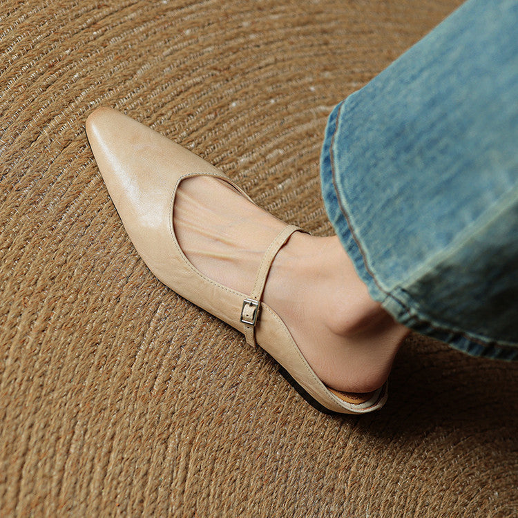 Nora | Damen Leder Mules Spitze Zehenpartie Mary Jane Riemchen Flats