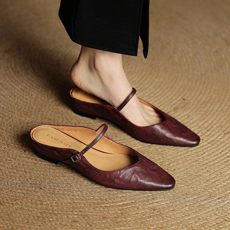 Nora | Damen Leder Mules Spitze Zehenpartie Mary Jane Riemchen Flats