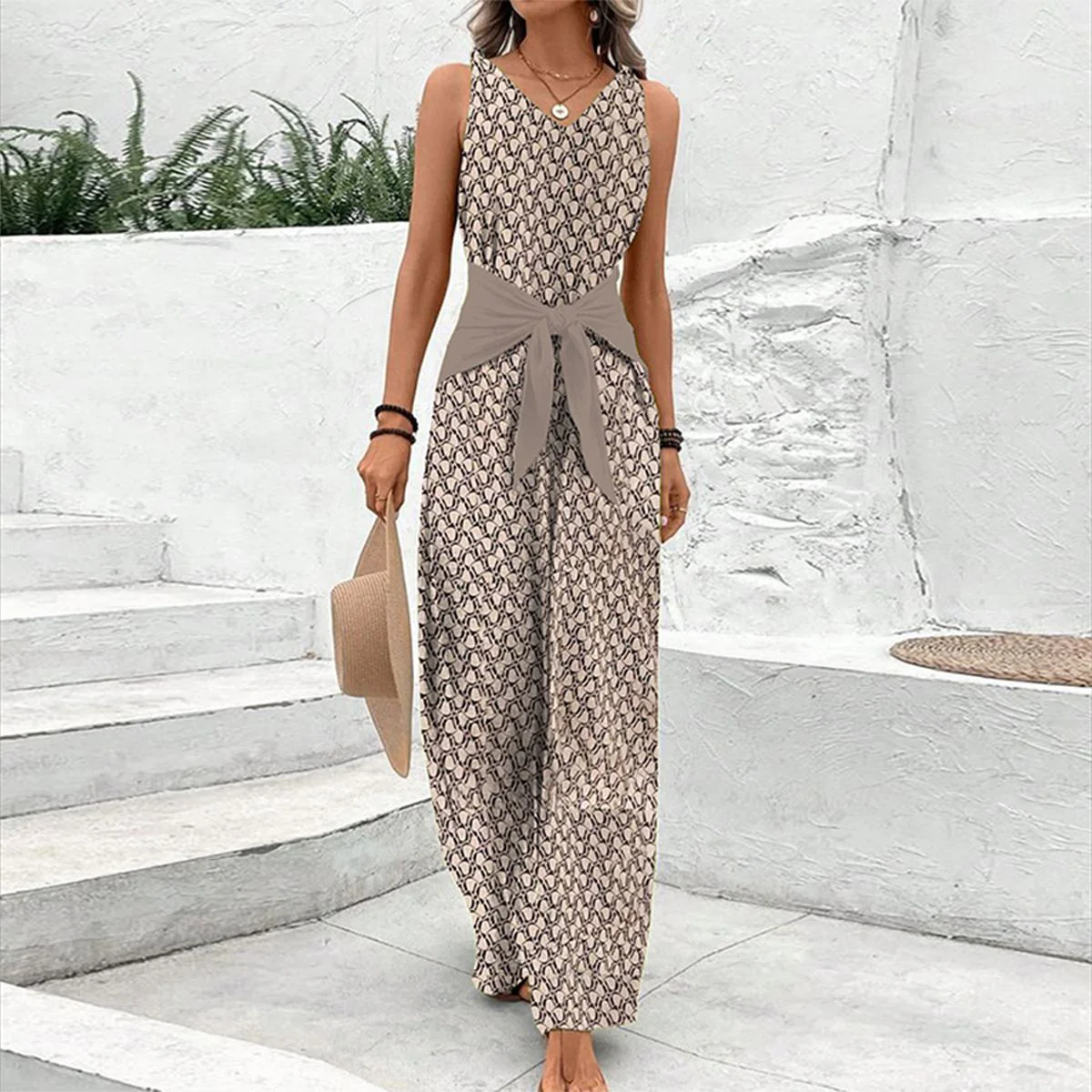 Women's Sleeveless V-Neck Jumpsuit with Adjustable Waist
