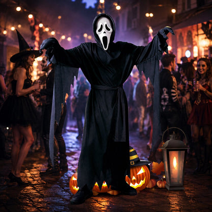 Ghostface Kostüm mit schwarzer Horror Robe