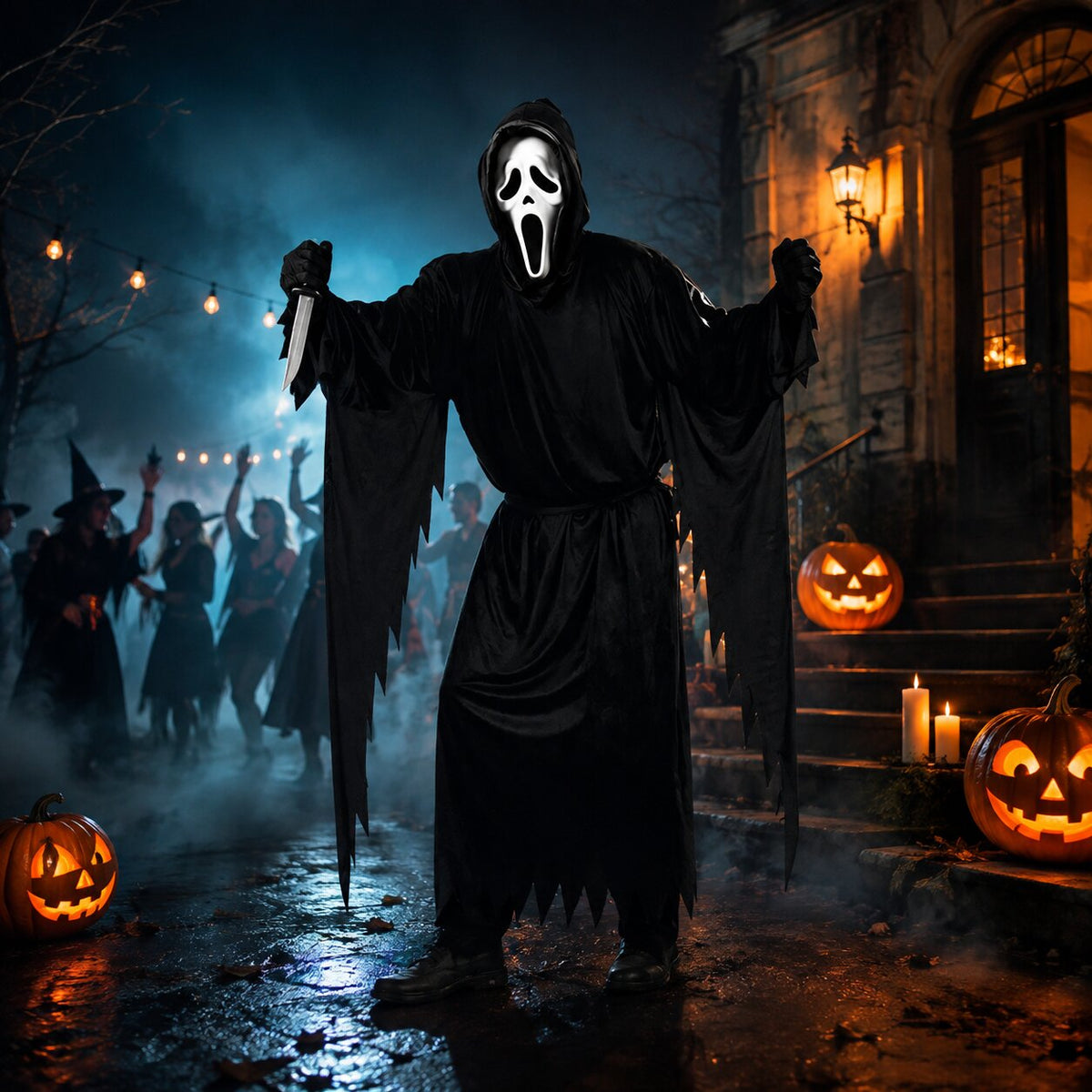 Ghostface Kostüm mit schwarzer Horror Robe