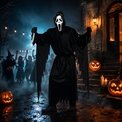 Ghostface Kostüm mit schwarzer Horror Robe