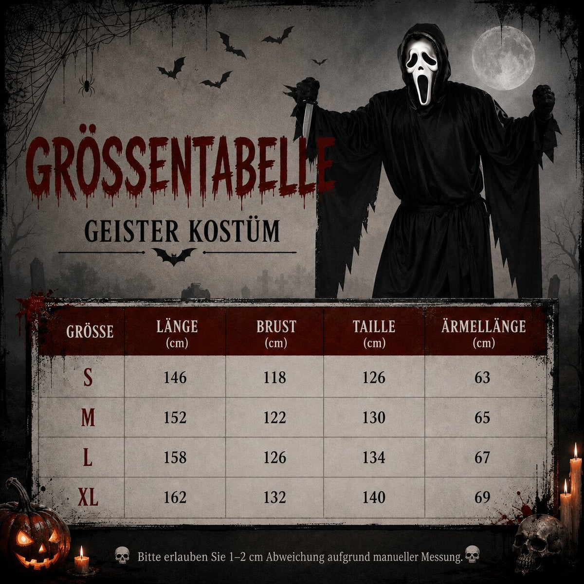 Ghostface Kostüm mit schwarzer Horror Robe