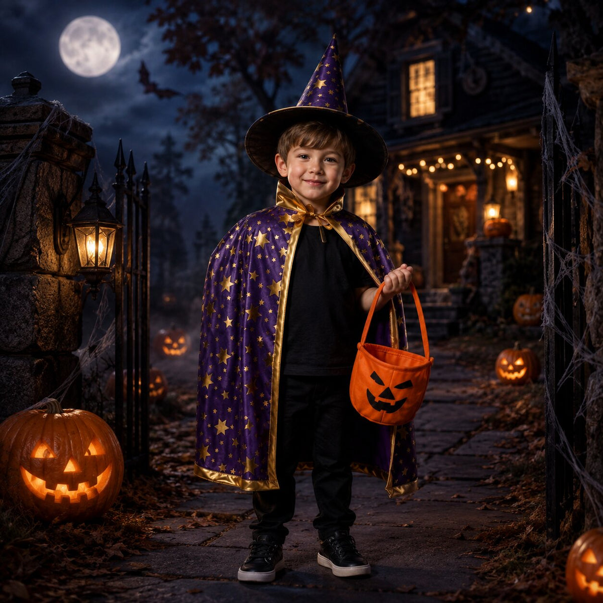 Halloween Kinderkostüm Hexe & Zauberer mit Umhang und Spitzhut