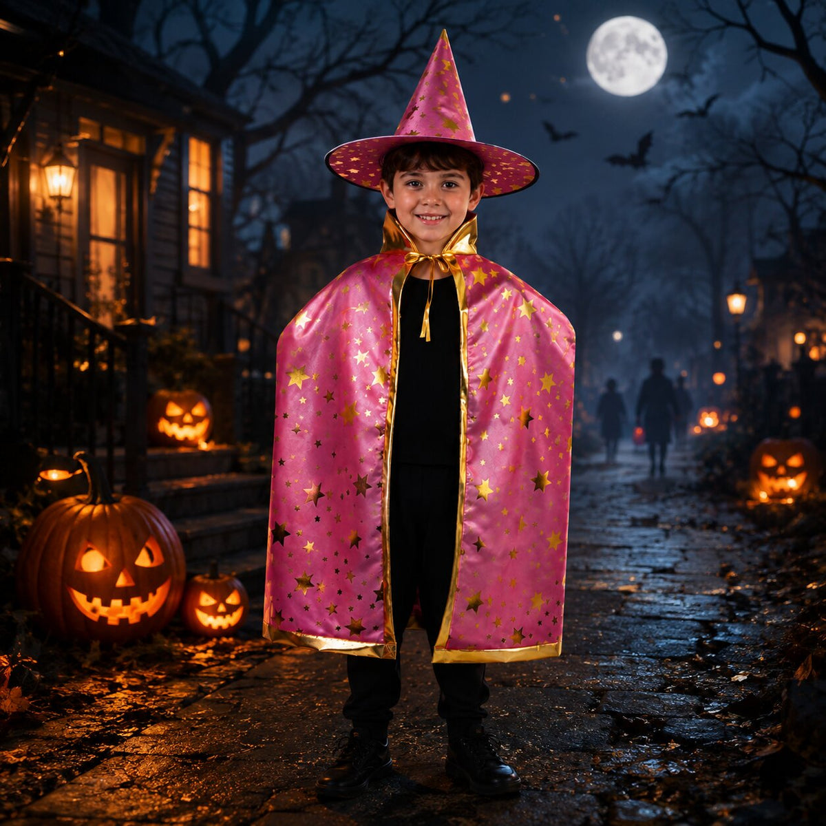 Halloween Kinderkostüm Hexe & Zauberer mit Umhang und Spitzhut