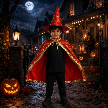 Halloween Kinderkostüm Hexe & Zauberer mit Umhang und Spitzhut