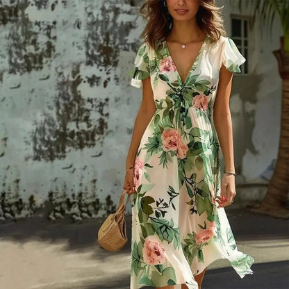 Women's Green Floral Midi Dress with Flowy A-Line Skirt