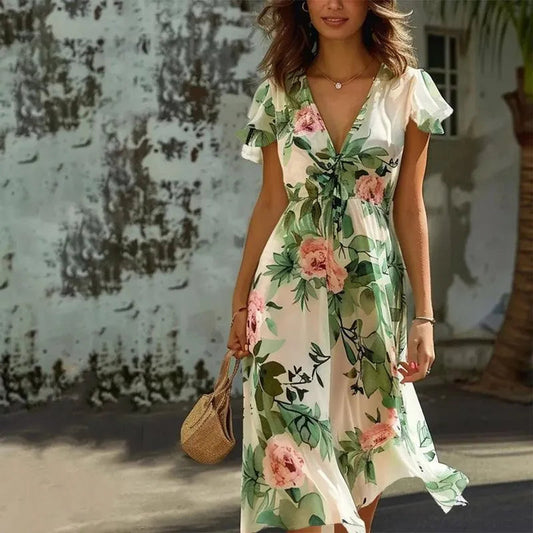 Women's Green Floral Midi Dress with Flowy A-Line Skirt