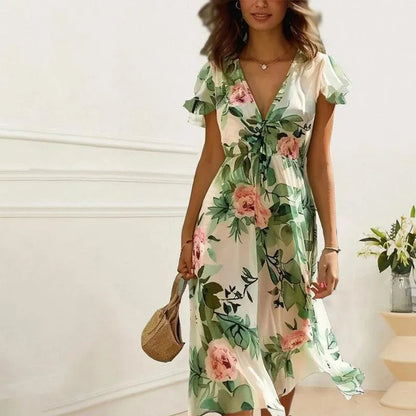 Women's Green Floral Midi Dress with Flowy A-Line Skirt