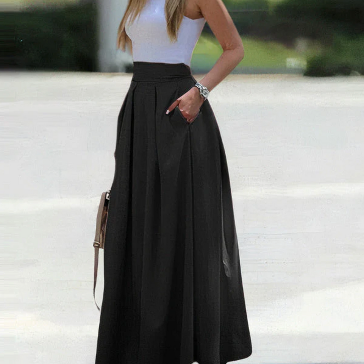 Women's High Waist Pleated Maxi Skirt – Breathable Fabric