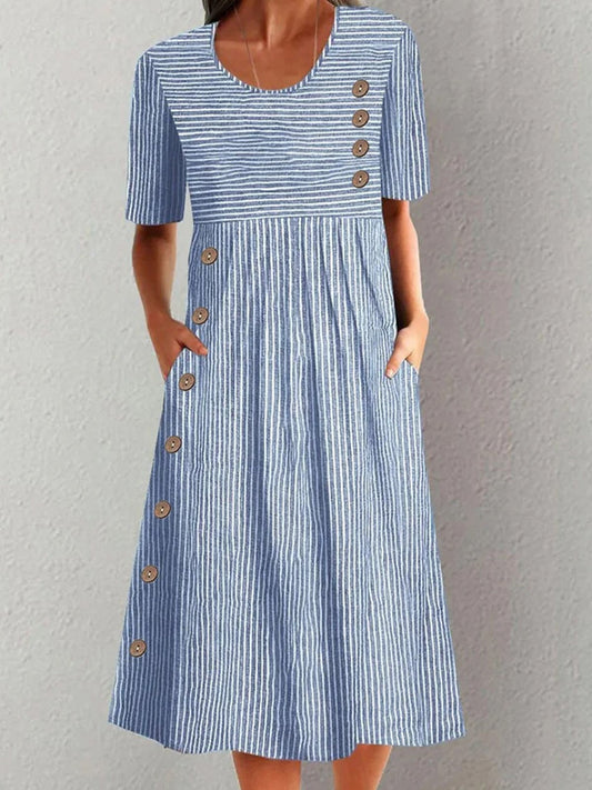 Women's Relaxed Fit Striped Midi Dress - Short Sleeve