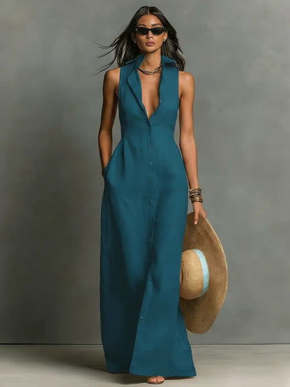 Penelope | Women's Sleeveless Collared Linen Button-Front Maxi Dress
