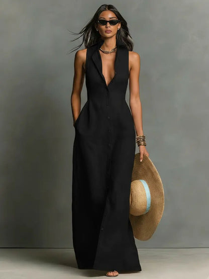 Penelope | Women's Sleeveless Collared Linen Button-Front Maxi Dress