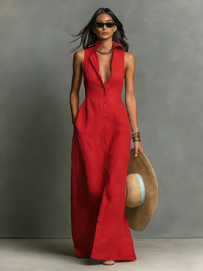 Penelope | Women's Sleeveless Collared Linen Button-Front Maxi Dress