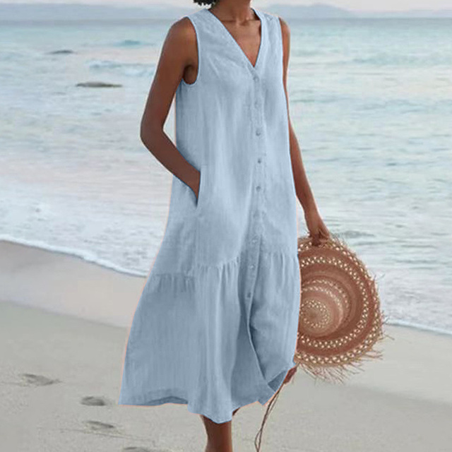 Women's Sleeveless V-Neck Summer Dress with Pockets