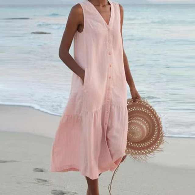 Women's Sleeveless V-Neck Summer Dress with Pockets