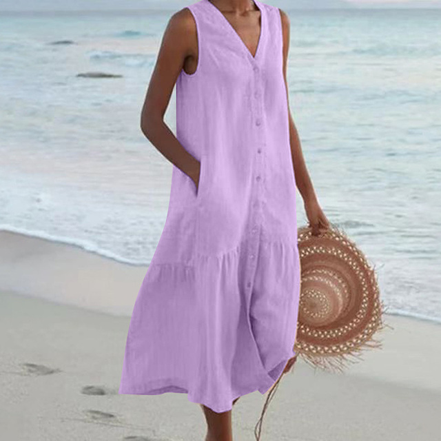 Women's Sleeveless V-Neck Summer Dress with Pockets