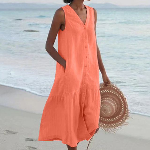 Women's Sleeveless V-Neck Summer Dress with Pockets