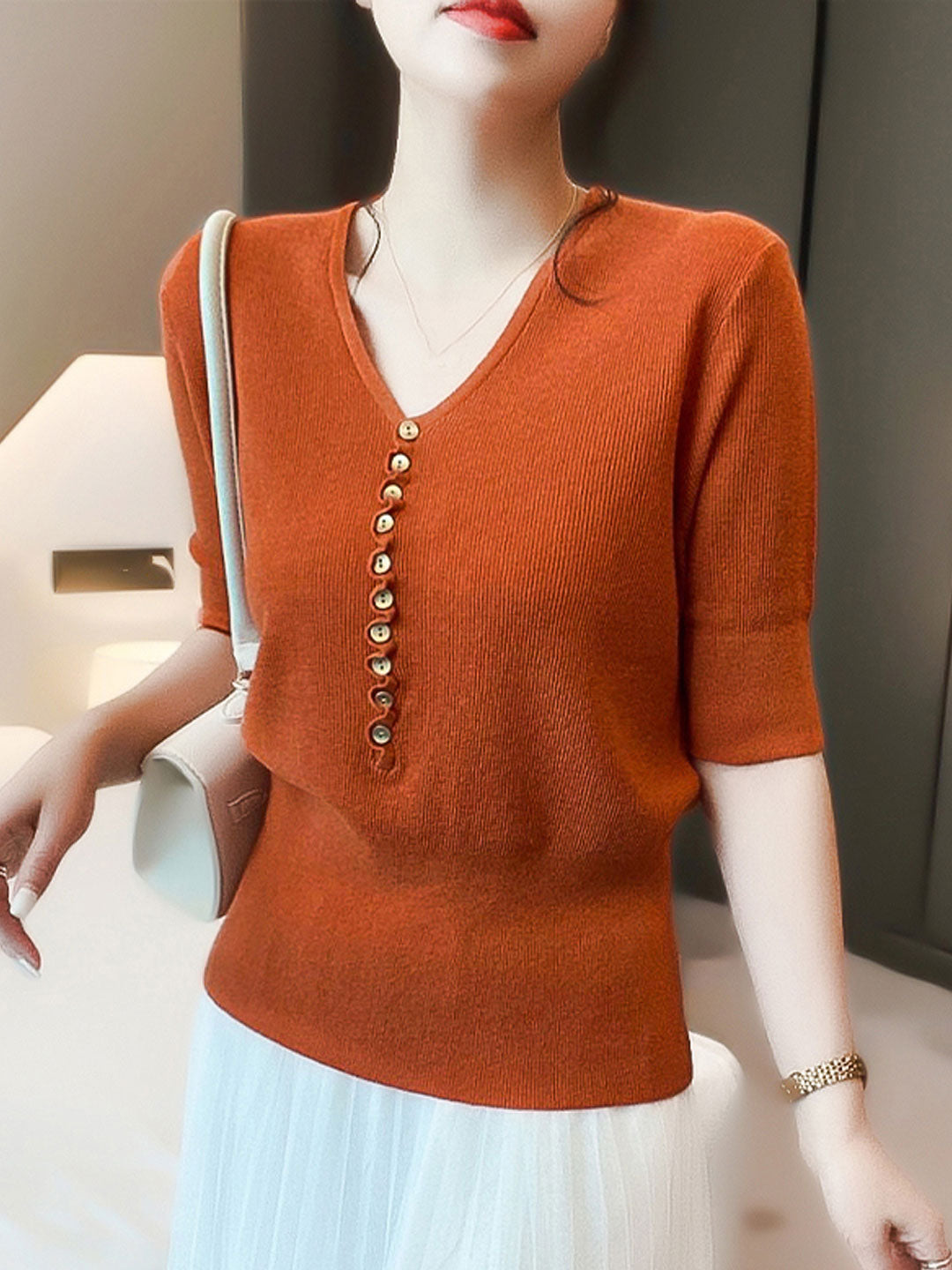 Women's V-Neck Button Knitted Top – Comfort & Style