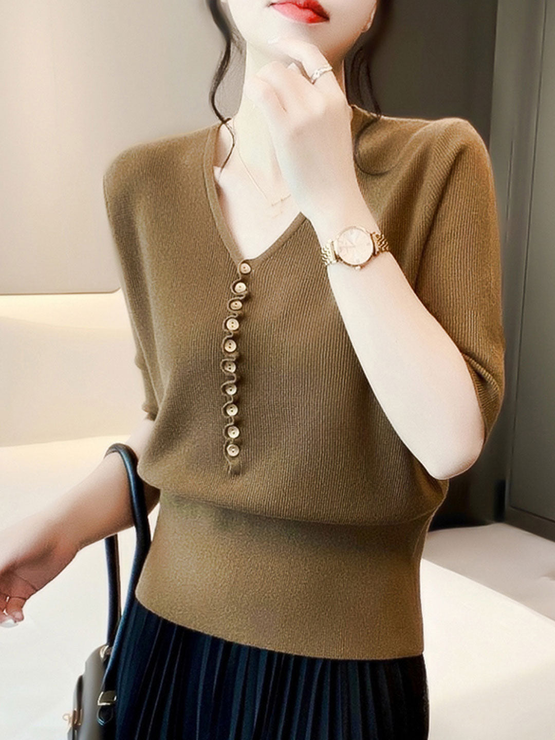 Women's V-Neck Button Knitted Top – Comfort & Style