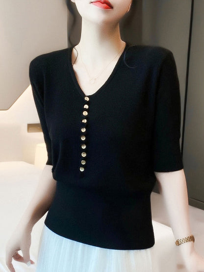 Women's V-Neck Button Knitted Top – Comfort & Style